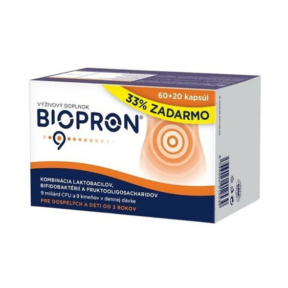 Biopron 9 - Kombinácia laktobacilov, bifidobaktérií a fruktooligosacharidov Kapsule 80ks.jpg